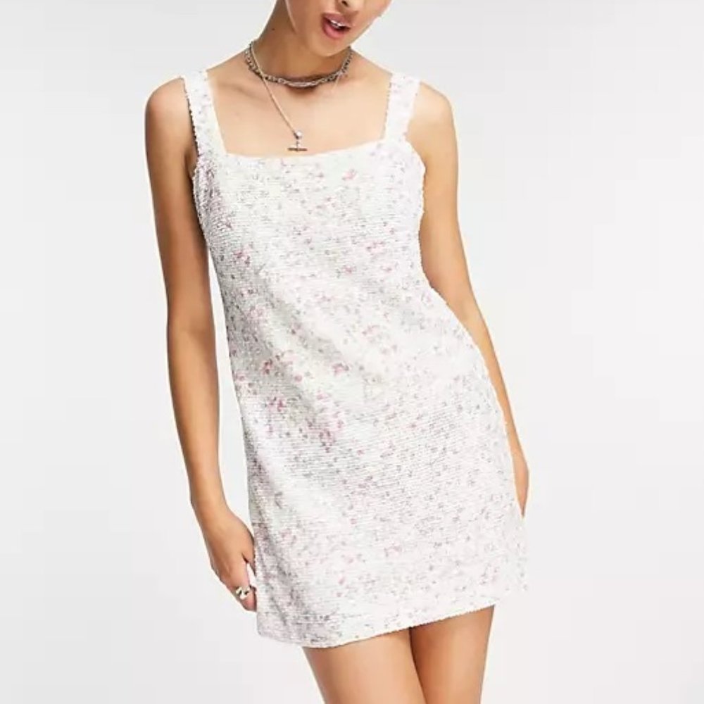 NWT: ASOS Emory Park 90's mini dress with square neck in vintage sequin floral L